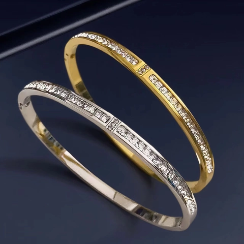 Bracciale Rigido In Acciaio Inossidabile Placcato Oro Zirconia Cubica Incastonatura A Canale Gioielli Di Moda Per Donna