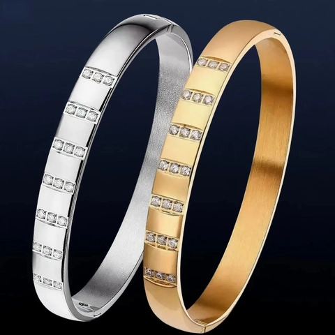 Bracciale Rigido In Acciaio Inossidabile Da Donna Con Zirconi Cubici Incastonati Gioielli Geometrici Di Lusso
