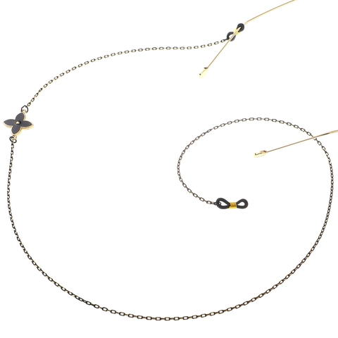Chaîne De Lunettes Élégante En Métal Cordon De Lunettes Anti-Perte Avec Trèfle À Quatre Feuilles En Émail Noir Pour Femme