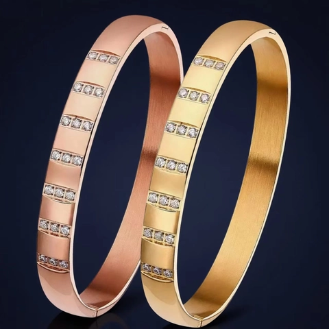 Brazalete De Acero Inoxidable Con Incrustaciones De Circonita Cierre De Hebilla Lujo Para Mujer