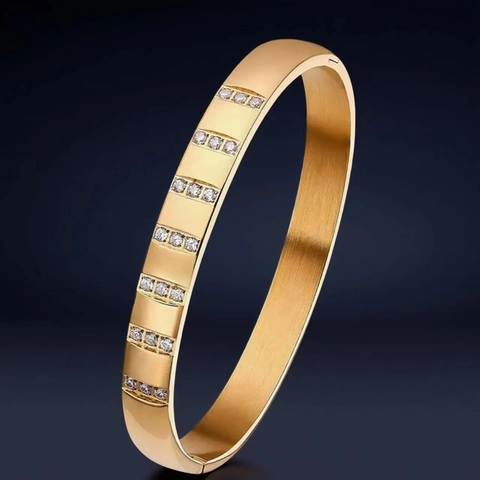 Brazalete Minimalista De Acero Inoxidable Para Mujer Con Incrustaciones De Zircón Hebilla De Bisagra Joyería De Lujo Geométrica