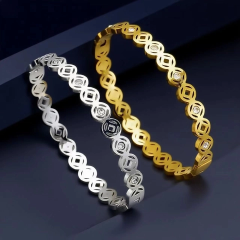 Bracciale Rigido In Acciaio Inossidabile Per Donna Retrò Moneta Numeri Romani Con Zirconi Placcato Oro 18K Gioielli Vintage