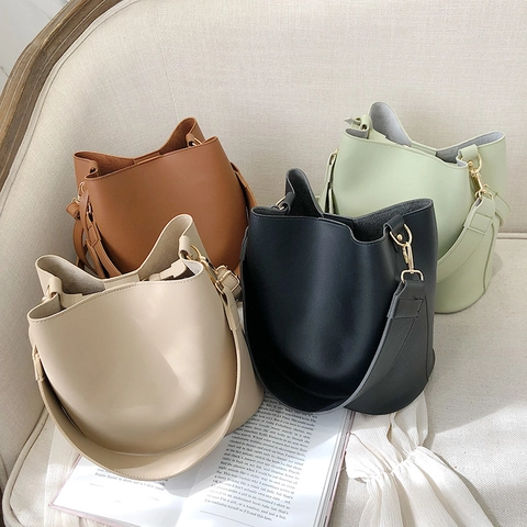 Bolso Cubo Para Mujer Cuero PU Gran Capacidad Bolso De Hombro Estilo Retro Simple Correa Ancha Para El Trabajo