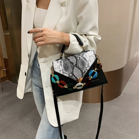 Borsa A Tracolla Da Donna In Pelle PU Con Patta Motivo Serpente Catena In Acrilico Colorata Moda Quotidiana