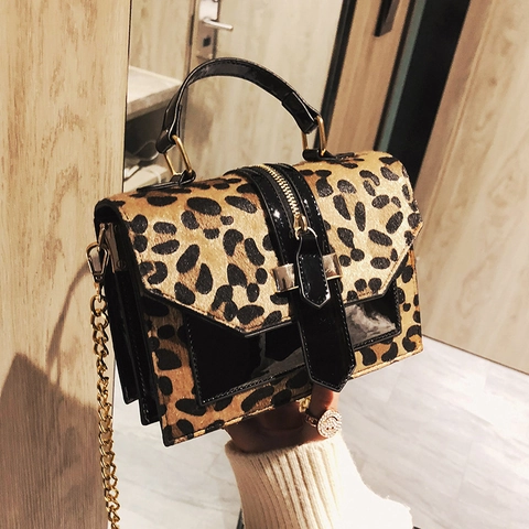 Fashion Leopard Print Plush PU Leather Shoulder Bag For Women Chic Square Handbag Gold Chain Strap Crossbody