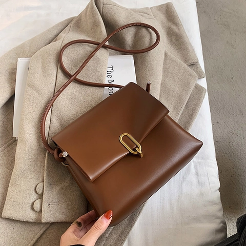Women Shoulder Bag PU Leather Flap Crossbody Vintage Square Korean Style Gold Lock Daily Match