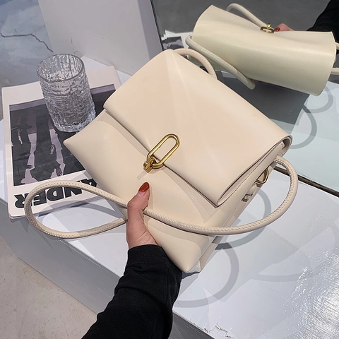 Women Shoulder Bag PU Leather Flap Crossbody Vintage Square Korean Style Gold Lock Daily Match