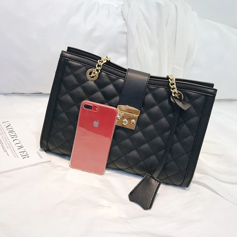 Women Quilted Shoulder Bag PU Leather Rhomboid Chain Strap Large Capacity Tote Handbag With Metal Lock Fashion