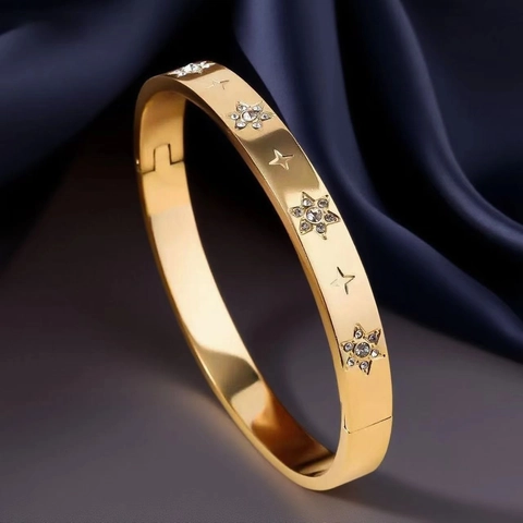 Bracciale Rigido In Acciaio Inossidabile Con Motivo A Stelle E Strass Chiusura A Cerniera Gioielli Di Moda Per Donna