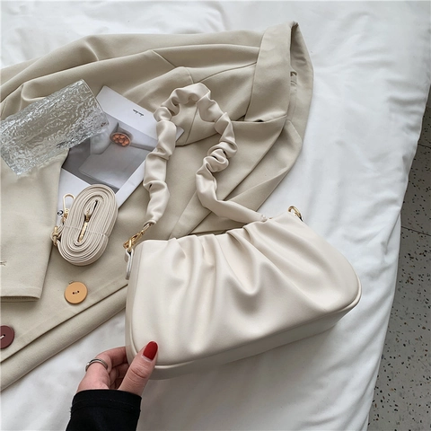 Borsa A Spalla Nuvola Arricciata In Pelle PU Borsa A Mano Sottobraccio Pieghettata Con Tracolla Rimovibile Hardware Dorato