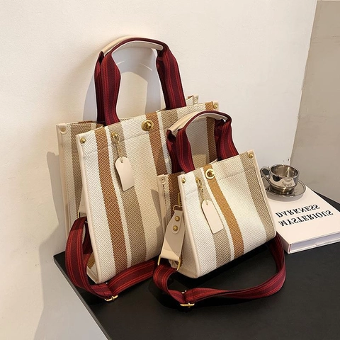Borsa Tote In Tela A Righe Donna Retro Moda Borsa A Mano Tracolla Messenger Pendolare Quotidiano Con Chiusura A Girello In Metallo