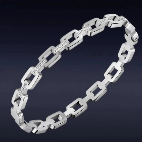 Stainless Steel Rectangular Link Bangle For Women Luxury Geometric Rhinestone Inlaid Fashion Jewelry Polished Bracelet