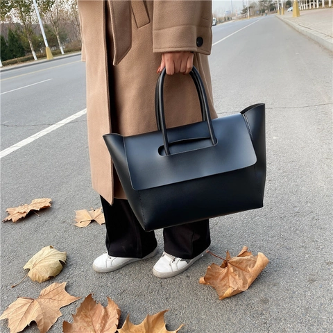 Große Kapazität PU Leder Tote Handtasche Minimalistisches Klappendesign Doppelgriff Pendler Schultertasche Für Frauen