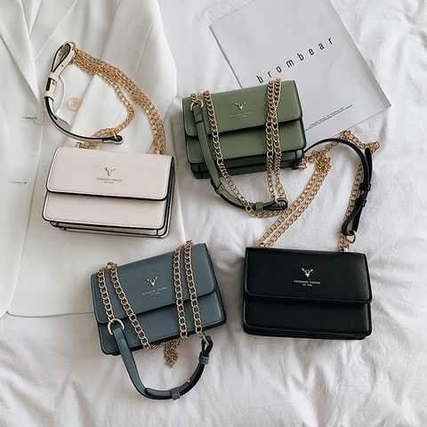 Borsa A Spalla Da Donna Pelle PU Catena Dorata Borsa A Tracolla Borsa Sottobraccio Con Logo Cervo Metallo Patta Quadrata Moda