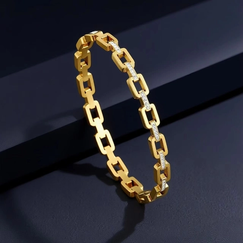 Stainless Steel Square Link Bangle For Women Fashion Pavé Rhinestone Inlaid Geometric Chain Bracelet Jewelry Non Fading