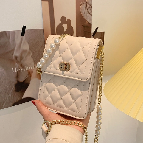 Gesteppte Telefon Umhängetasche Für Damen PU Leder Mit Künstliche Perlen Metallkettenriemen Elegante Kleine Quadratische Handtasche