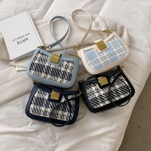 Borsa A Spalla Da Donna In Tweed E Pelle PU Piccola Borsa Quadrata Retro Tracolla Con Fibbia In Metallo Dorato Elegante Borsa A Patta