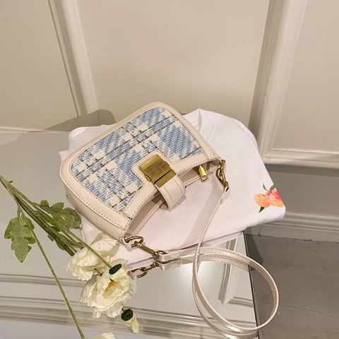 Borsa A Spalla Da Donna In Tweed E Pelle PU Piccola Borsa Quadrata Retro Tracolla Con Fibbia In Metallo Dorato Elegante Borsa A Patta