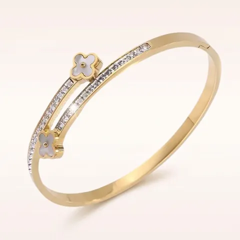 Brazalete Acero Inoxidable Mujer Doble Trébol Incrustación Concha Acentos Circonia Puño Abierto Joyería Moda Elegante Regalo