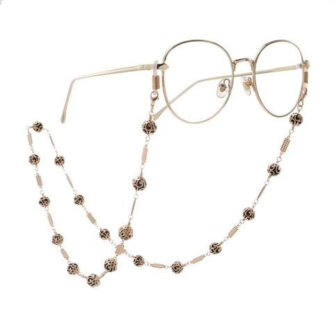 Vintage Metal Glasses Chain Gold Color Hollow Out Carved Beads Anti Slip Eyewear Strap Decorative Holder For Women