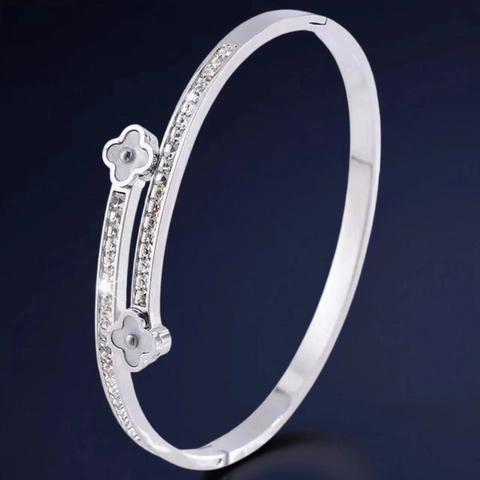 Stainless Steel Twin Clover Open Cuff Bangle With Cubic Zirconia And Mother Of Artificial Pearl Shell For Women Jewelry