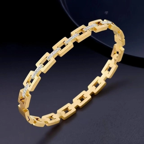 Lussuoso Braccialetto Rigido in Acciaio Inossidabile per Donna Micro Pavé Strass Maglia Rettangolare Geometrica Oro Argento Rosa Oro Gioielli