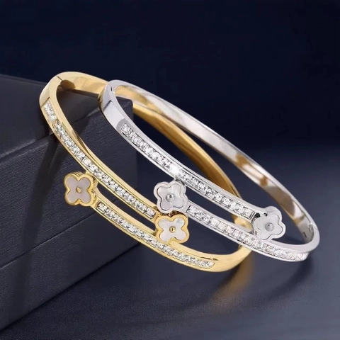 Edelstahl Armreif Mit Kleeblatt Motiven Weiße Muschel Zirkonia Offener Armreif Schmuck Für Damen