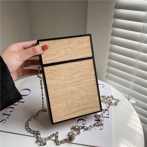 Artistic Wood Grain Pattern Box Bag Women PU Leather Retro Vertical Square Shoulder Crossbody Bag Metal Chain Novelty Bag
