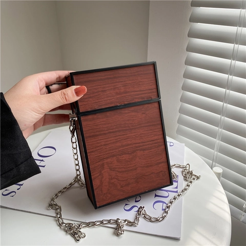 Artistic Wood Grain Pattern Box Bag Women PU Leather Retro Vertical Square Shoulder Crossbody Bag Metal Chain Novelty Bag