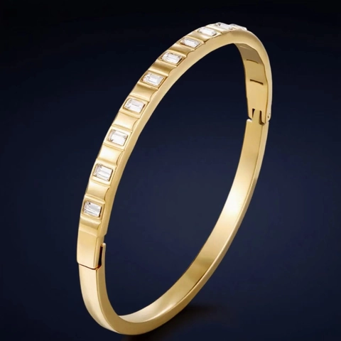 Bracciale Rigido A Cerniera In Acciaio Inossidabile Con Zirconia Cubica Rettangolare Gioielli Minimalisti Lusso Donna