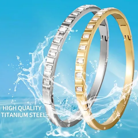 Bracciale Rigido A Cerniera In Acciaio Inossidabile Con Zirconia Cubica Rettangolare Gioielli Minimalisti Lusso Donna