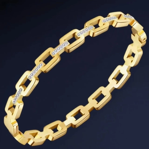 Brazalete de Eslabones de Acero Inoxidable de Lujo con Micro-Incrustaciones de Strass para Mujer Joyería de Brazalete Rectangular