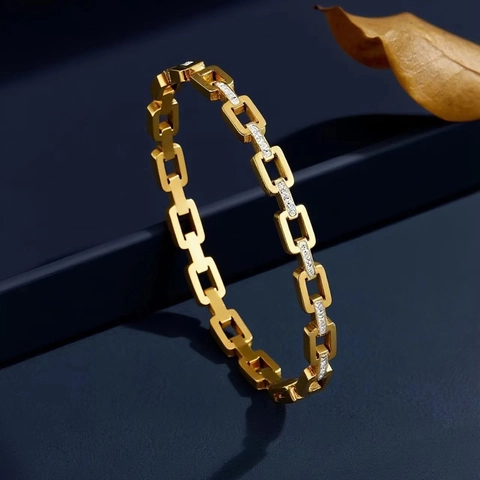 Lussuoso Bracciale Rigido in Acciaio Inossidabile con Strass Maglie Rettangolari per Donna Moda Geometrico Gioiello Impermeabile