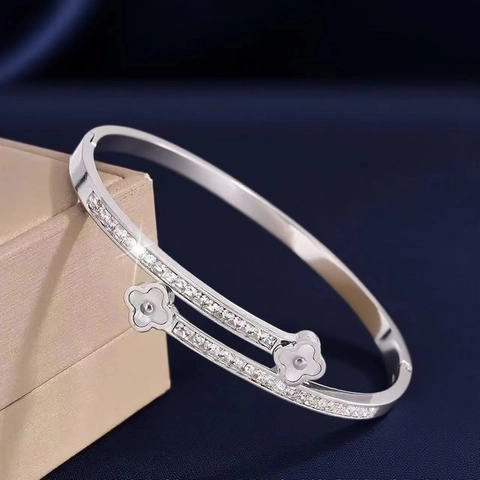Doppeltes Kleeblatt Armreif Edelstahl Perlmutt Zirkonia Elegant Mode Für Damen Luxus Stil