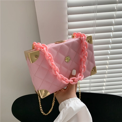 Gesteppte Rhombus PU Leder Box Umhängetasche Mit Metallecken Doppelketten Elegante Kleine Quadratische Schultertasche