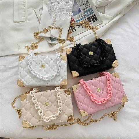 Gesteppte Rhombus PU Leder Box Umhängetasche Mit Metallecken Doppelketten Elegante Kleine Quadratische Schultertasche