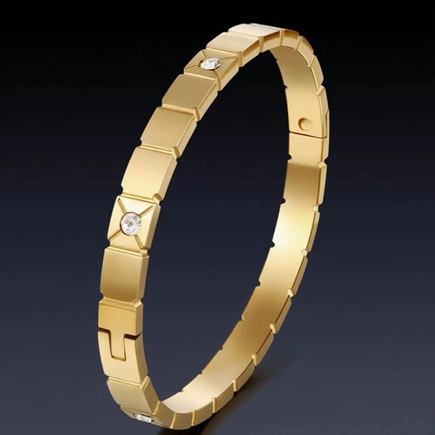 Bracciale Rigido Geometrico Quadrato In Acciaio Inossidabile Placcato Oro Con Zircone Intarsiato Gioielli Moda