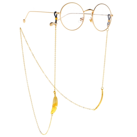 Retro Gold Copper Metal Glasses Chain With Feather Pendants Anti-slip Silicone Loop Strap Holder Women Bohemian