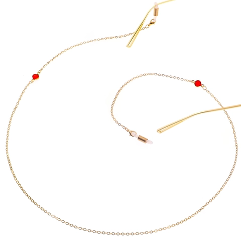 Golden Metal Glasses Chain With Red Acrylic Beads And Silicone Loops Anti-Lost Adjustable Minimalist Eyewear Strap