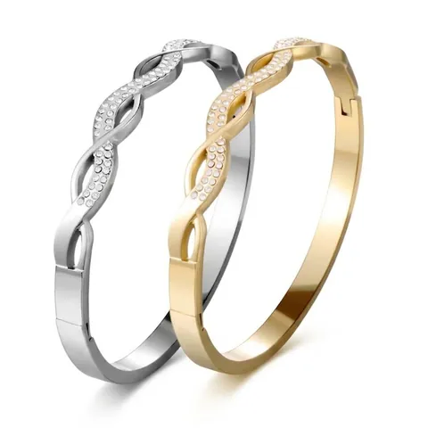 Brazalete De Acero Inoxidable Retorcido Con Pedrería Pavimentada Diseño Geométrico Cruzado Estilo INS Joyería Mujer