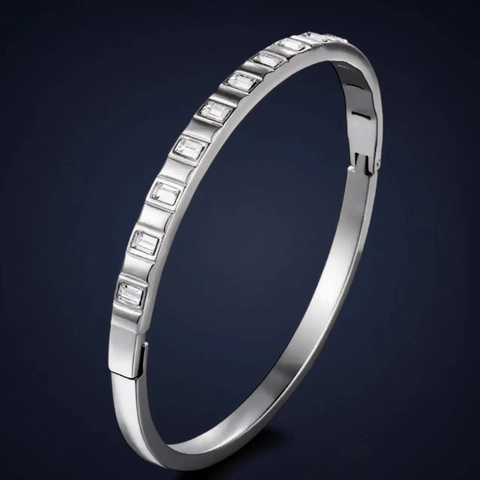 Bracciale Ovale Minimalista Acciaio Inox Zirconia Cubica Rettangolare Intarsiata Chiusura Cerniera Gioielli Donna