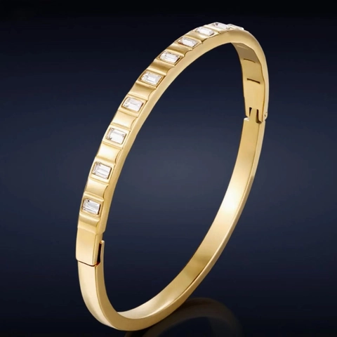 Bracciale Rigido In Acciaio Inossidabile Zirconia Cubica Rettangolare Intarsiata Placcato Oro Cerniera Gioielli Per Donne