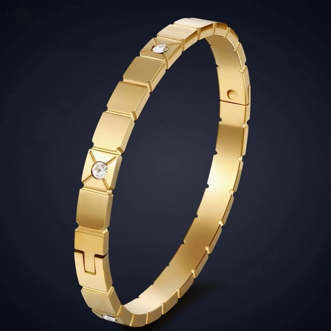 Geometric Square Block Stainless Steel Bangle Bracelet With Cubic Zirconia Gold Plated Minimalist Style Jewelry For Women Men