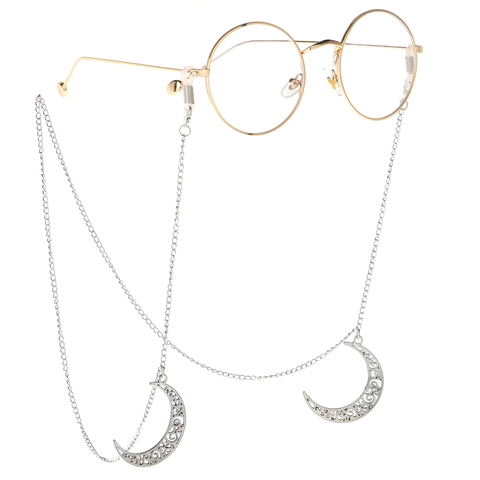 Retro Hollow Moon Eyeglasses Chain Antique Silver Alloy Filigree Crescent Pendant Non-slip Sunglasses Strap For Women
