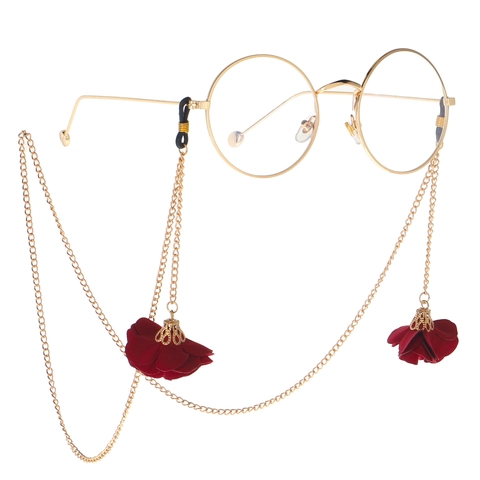 Elegante Cadena de Metal para Gafas Correa Antideslizante Color Dorado Con Colgantes de Flores de Satén Rojo Soporte Decorativo para Gafas de Sol Mujer