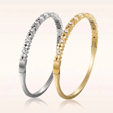 Brazalete De Acero Inoxidable Con Trébol De Diamantes De Imitación Para Mujer Brazalete De Puño Ovalado Geométrico Incrustado Minimalista Joyería De Moda De Nicho De Alta Gama