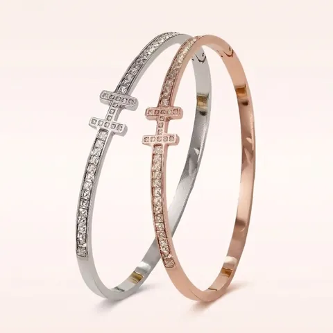 Edelstahl Armreif Für Damen H-Form Mit Zirkonia Vergoldet Luxus Minimalistisch Elegant Modeschmuck