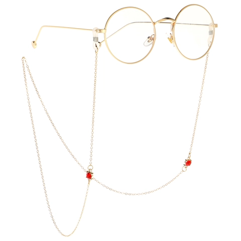 Anti Slip Glasses Chain Gold Copper Metal Link With Red Rhinestone Crystal Pendants Eyewear Holder Strap
