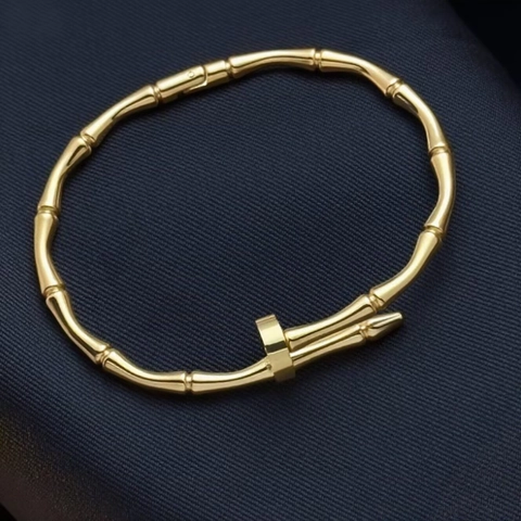 Brazalete De Bambú Acero Inoxidable Chapado En Oro De 18K Elegante Esmalte Diamantes De Imitación Para Mujeres Joyería Minimalista