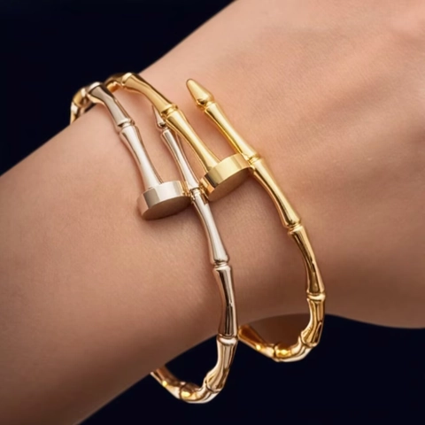Bracciale Rigido A Nodo Di Bambù Acciaio Inossidabile Placcato Oro 18K Moda Smalto Gioielli Da Donna Impermeabile